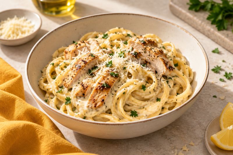 Qaymoqli sousda tovuqli pasta, ustida parmezan